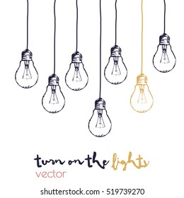 Light bulb line hand drawing card. Turn on the light 