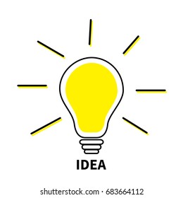 Light bulb line icon. Idea text. Shining effect. Yellow color switch on lamp. Business success concept. Flat design. White background. Vector illustration