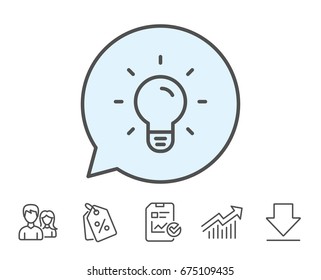 Light Bulb line icon. Lamp sign. Idea, Solution or Thinking symbol. Report, Sale Coupons and Chart line signs. Download, Group icons. Editable stroke. Vector