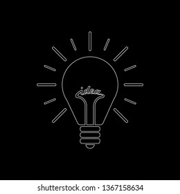 Light bulb line icon with rays shine. Energy and idea symbol isolated on black background. Vector Illustration