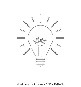 Light bulb line icon with rays shine. Energy and idea symbol isolated on white background. Vector Illustration