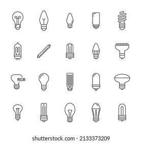 Light bulb line icon set. Lightbulb stroke lamp energy save electric fluorescent spot thin diode economy bulb symbol