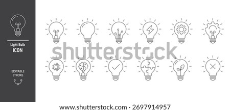 light bulb line icon set. Creative idea, innovation and think solution sign. Light bulb with symbol element. Icon element for Applications and websites. Vector illustration. Editable stroke.