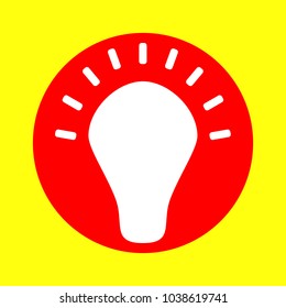 Light bulb line icon. Vector. White flat icon inside red circle at yellow background. Isolated.