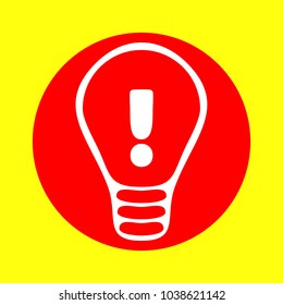 Light bulb line icon. Vector. White flat icon inside red circle at yellow background. Isolated.