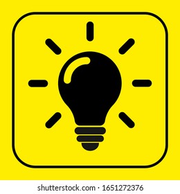 Vector de icono de línea de bombilla, aislado en fondo amarillo. Signo de idea, solución, concepto de pensamiento. Luz eléctrica Electricidad, brillo. Moderno estilo plano para diseño gráfico, sitio web, UI.