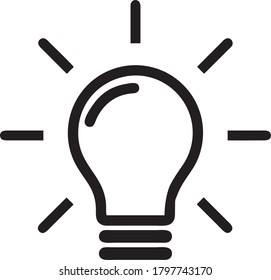 Vector de icono de línea de bombilla ligera, aislado en fondo blanco. Idea, signo, solución, concepto de pensamiento. Iluminación Lámpara eléctrica. Electricidad, brillo. Estilo plano de moda para diseño gráfico, sitio Web, interfaz de usuario. EPS