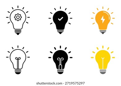 Vector del icono de la línea de la bombilla, aislado en el fondo blanco. Signo de la idea, solución, concepto de pensamiento. Bombilla de luz con rayos brillan conjunto de iconos. Símbolo de la idea.