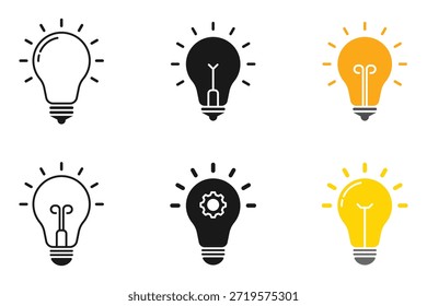 Vector del icono de la línea de la bombilla, aislado en el fondo blanco. Signo de la idea, solución, concepto de pensamiento. Bombilla de luz con rayos brillan conjunto de iconos. Símbolo de la idea.