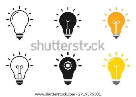 Light bulb line icon vector, isolated on white background. Idea sign, solution, thinking concept. Light bulb with rays shine icon set. Idea symbol.