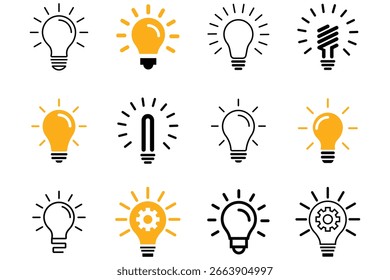 Glühbirnenlinie und gelber Ikonenvektor im trendigen Stil. Anschluss wie elektrische Lampe, Lösung, kreatives Denken, Licht, Innovation, Strom und mehr. Umriss, flach und farbig. 