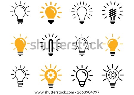 Light bulb line and yellow icon vector in trendy style. Connecting such as electric lamp,  solution, creative thinking, light, innovation, electricity and more. Outline, flat and colored style. 