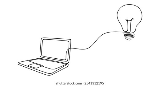 Light bulb linked to a laptop screen in a continuous one line drawing. Idea concept. Hand-drawn minimalist vector illustration.