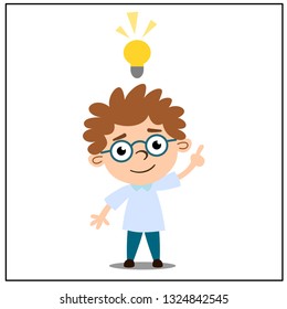 A light bulb lit up over the head of an intelligent boy with glasses - the icon Idea.
