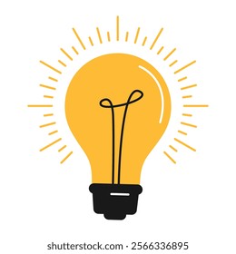 Light Bulb is lit. Simple icon of a yellow light bulb with Rays Shine. Electric light, Idea or Energy concept. Flat vector illustration isolated on white background