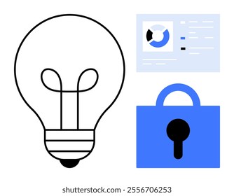 Light bulb, locked padlock, and data chart. Ideal for innovation, business, security, data analysis, and technology. Simple style with white, blue, and black colours. Represents bright ideas and data