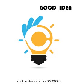Light bulb logo design  with hand sign.Best idea,good idea sign.Vector illustration