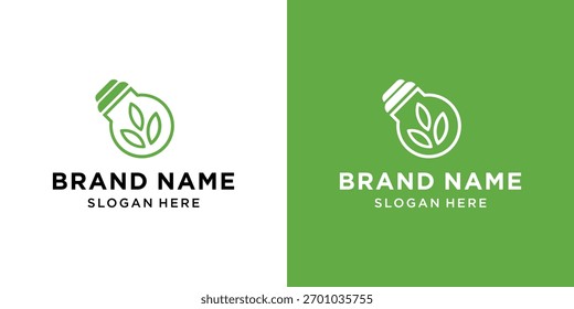Lichtlampe Logo Design-Vorlage mit Blatt für grüne Energie-Logo. Umweltfreundliche Energie-Inspiration. Energiesparlampensymbol. Symbol für nachhaltige ökologische Energie.