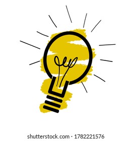 doodle del logotipo de la bombilla, pinceladas gruesas de pincel amarillo, ilustración vectorial