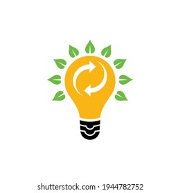 light bulb logo with rotating arrow inside and leaf decoration, smart idea, environment care and renewable energy