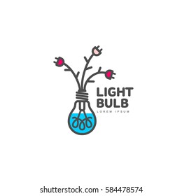Light bulb logo template with three flowers formed by powers cables and electric plugs, vector illustration isolated on white background. Light bulb logotype, logo design with power cables as flowers