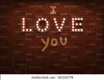 Light Bulb Love Sign on an old Brick Wall with Graffiti: I love you, cable hanging down, and glowing little bulbs. Lots of room for your text: Copy Space