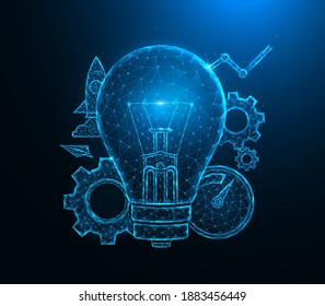 Light bulb low poly art. Light bulb idea, gears, speedometer, rocket and analytics polygonal vector illustrations on a blue background.