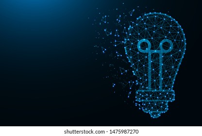 Light bulb low poly design, Incandescent lamp abstract geometric image, Idea wireframe mesh polygonal vector illustration made from points and lines on dark blue background