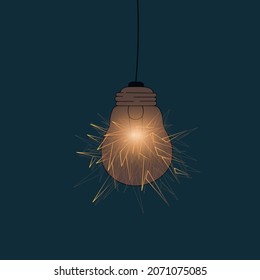Light bulb with low poly, linear and triangular light beams design on blue background. Light wire frame connection design. Wireframe vector concept.