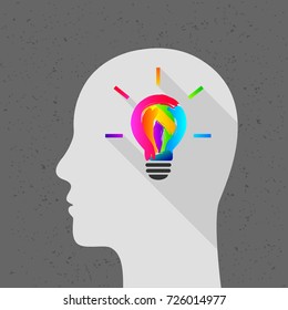 Light bulb made of colorful paint stroke with human head as thinking and creativity concept. Flat design with long shadow.
