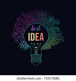 Light bulb made of handdrawn doodles, creative concept. Vector concept - creativity and idea. Lettering quote.