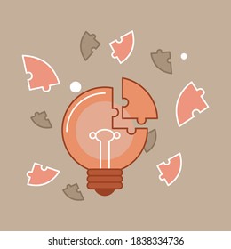 Bombilla hecha de piezas de rompecabezas, rodeada de múltiples piezas de rompecabezas. Concepto de idea.  Ilustración de estilo plano. Aislado. 