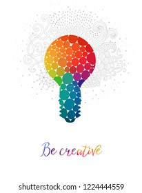 Light bulb made of rainbow circles, with doodle drawings. Lightbulb  creative concept. Vector concept - creativity and idea. Lettering. quote. Creative light bulb