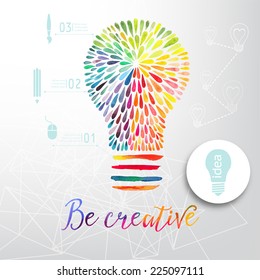 Light Bulb Made Of Watercolor, Lightbulb And Creative Icons, Watercolor Creative Concept. Vector Concept - Creativity And Idea. Lettering. Quote. Creative Light Bulb 