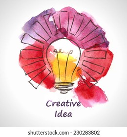 Light Bulb Made Of Watercolor, Lightbulb And Creative Icons, Watercolor Creative Concept. Vector Concept - Creativity And Idea. Lettering. Quote. Creative Light Bulb, Big Idea, Creative Research 