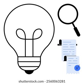 Light bulb magnifying glass and documents with checkmark simple lines and icons Ideal for creativity research ideas innovation problem solving education. Modern minimalist style