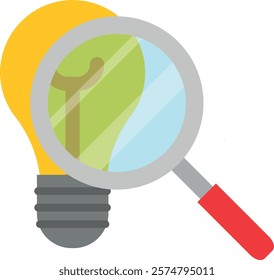 Light bulb with a magnifying glass enlarging the filament inside. Analysis, innovation.