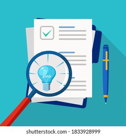 A light bulb in a magnifying glass and paper for business documents. Document analysis with clarity