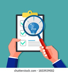 A light bulb in a magnifying glass and paper for business documents. Document analysis with clarity