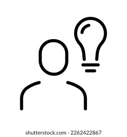 Bombilla de luz con icono de línea de hombre. Iluminación, electricidad, electricidad, brillo, cableado, resplandor. Pensamiento, idea creativa, creatividad, solución, estrategia. Icono de línea de vector sobre fondo blanco