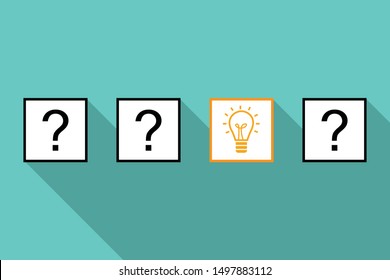 Light bulb mark with question mark on blue background. Ideas successful work concept. Business and finance. Knowledge from questioning. Vector illustration in flat design.