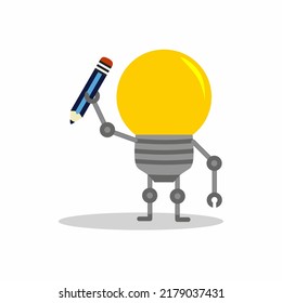 Light bulb mascot character holding a pencil