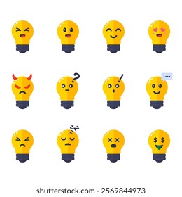 Light bulb mascot flat icon, cute kawaii light bulb character stickers illustration