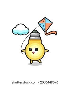 light bulb mascot illustration is playing kite , cute style design for t shirt, sticker, logo element