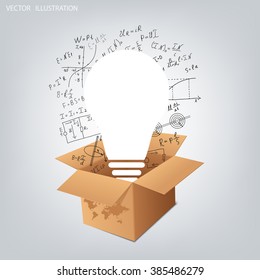 Light bulb with mathematical equations and formulas on a cardboard box on a gray background - vector illustration. Science. Doodle.