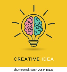 Light Bulb With The Maze Human Brain. Creative Idea Thinking Outstanding, Inspiration, Brainstorm And Imagination Development. Light Bulb With Human Brain Icon Sign. Vector Illustration