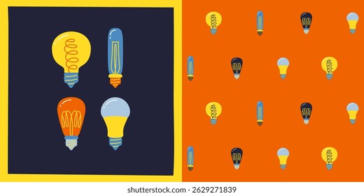 Light bulb modern set and seamless pattern cartoon illustration. Energy saving different light bulbs isolated vector. Idea thinking, electricity illustration boundless endless background vector design