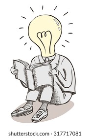 Light bulb moment man. Brain power and great ideas. A conceptual line drawing with crosshatch shading of a man in a suit, with a lightbulb head reading a book.