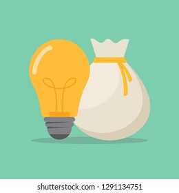Light bulb and money bag, flat design vector illustration