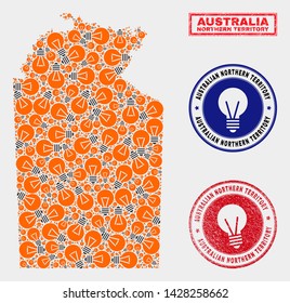 Light bulb mosaic Australian Northern Territory map and grunge round stamp seals. Mosaic vector Australian Northern Territory map is designed with light bulb items. Abstraction for patent services.
